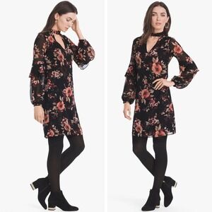 White House Black Market Long-Sleeve Black Floral Choker Shift Dress Size MEDIUM